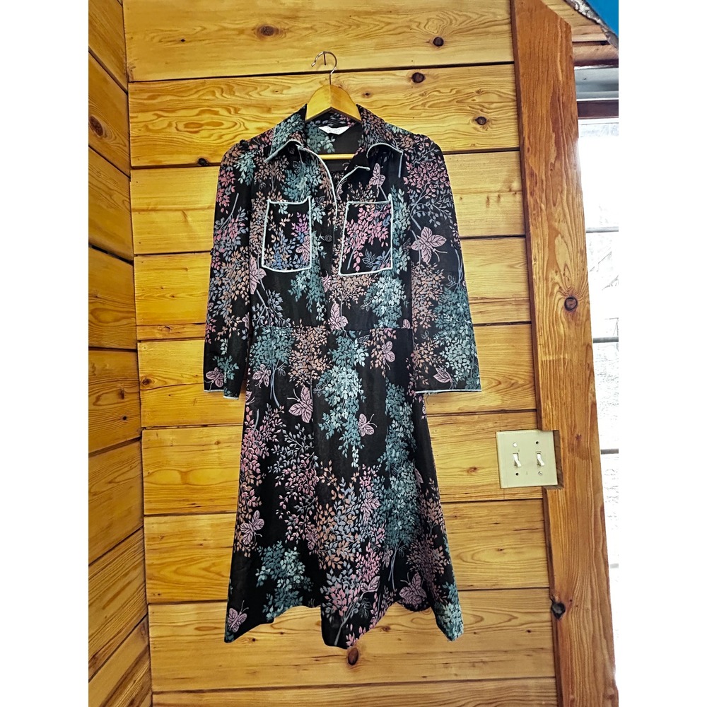 Vintage Sears Butterfly‎ Floral Print Dress Long Sleeve Elastic Waist Black Pink - Picture 10 of 12